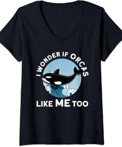 Womens I wonder if Orcas like me too Orca V-Neck T-Shirt