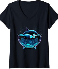 Womens Orca Whale in Fish Bowl Orca in Aquarium Free The Orcas V-Neck T-Shirt