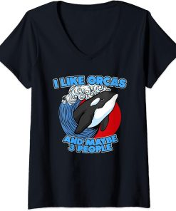 Womens Funny Pun Orca Whale Graphic I Like Orcas and Maybe 3 People V-Neck T-Shirt